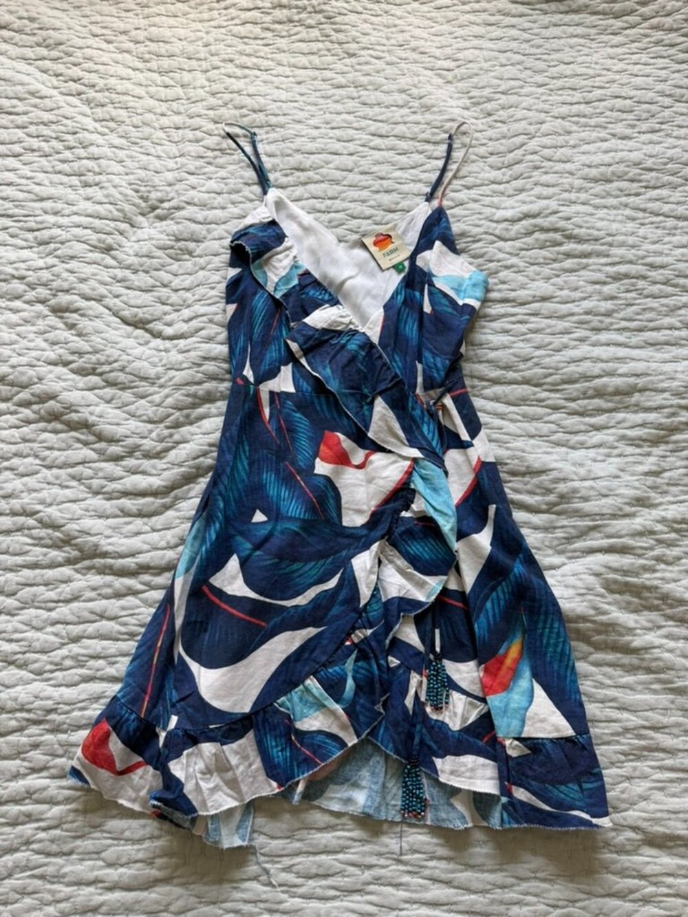 Farm Rio Blue Palm Linen Mini Wrap Dress - Size M